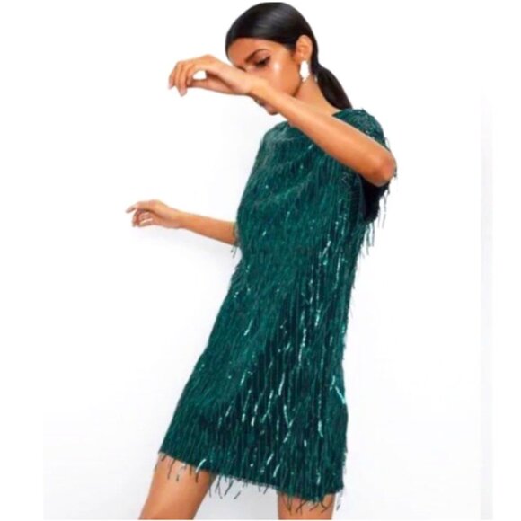 💥SHOWSTOPPER💥1920's Flapper Style Sequin & Fringe Cocktail Dr in Emerald Green - Picture 3 of 16